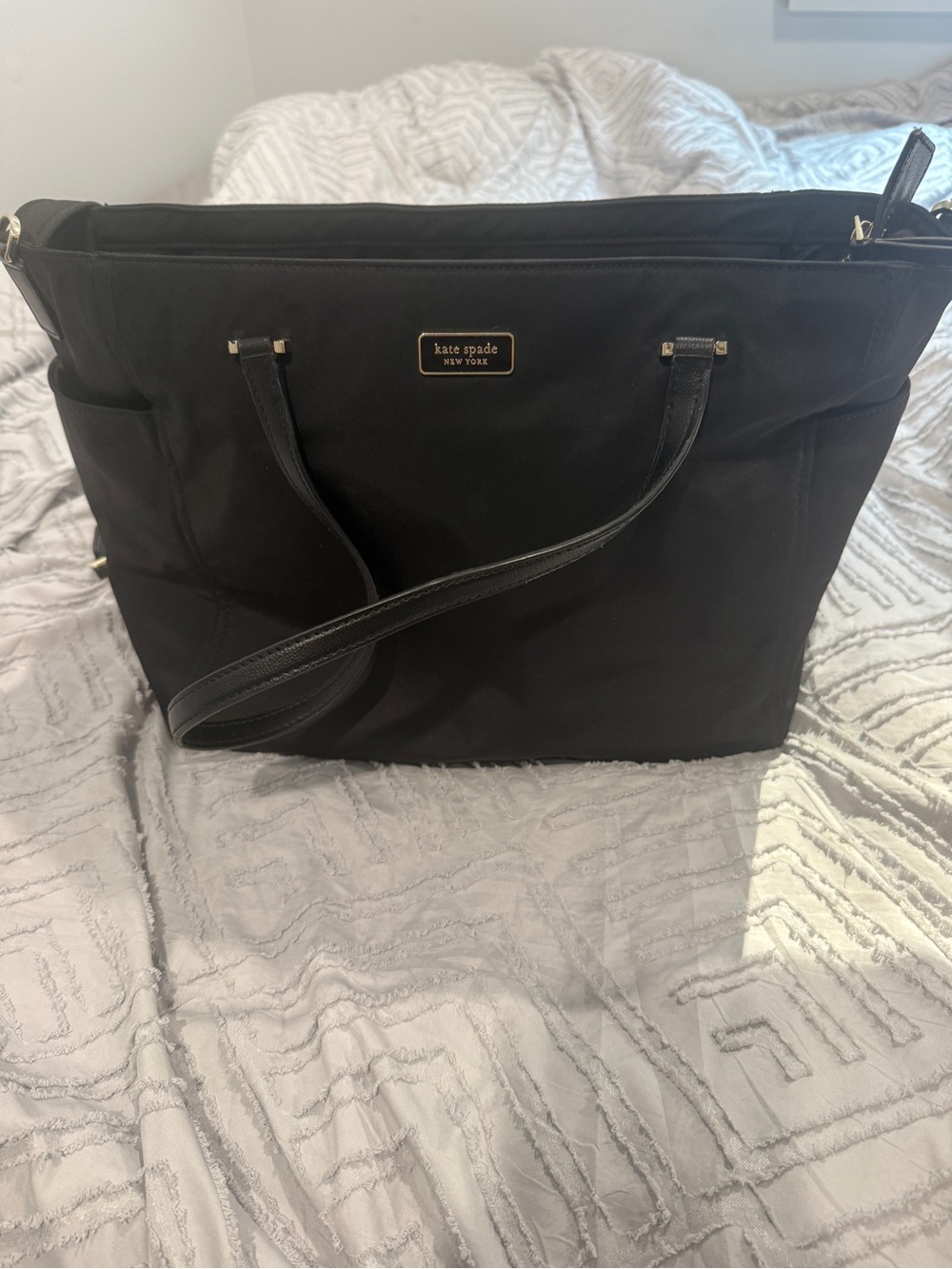 kate spade black nylon laptop tote with gold plaque